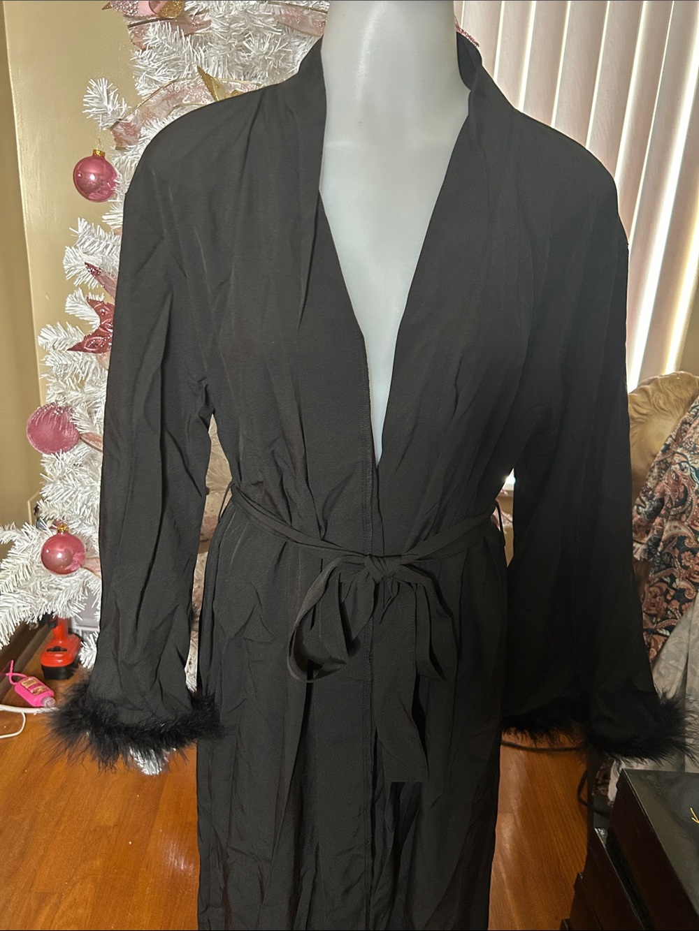 Black Feather-Trim Satin Robe - Women Intimates & Sleepwear